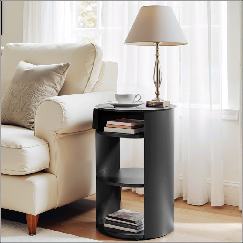 Table d'appoint ronde d'intérieur en métal à 3 niveaux avec armoire à porte coulissante, Noir mat