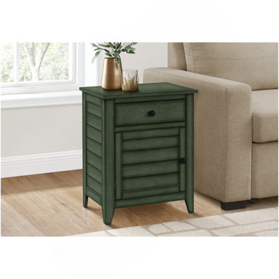 Table d'appoint, table de chevet, tiroir de rangement, bout, table d'appoint, chambre à coucher, lampe, rangement, placage vert antique, transitionnel
