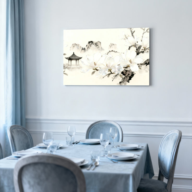 Ensemble de 1 tableau à l'encre de Chine représentant une fleur de magnolia et une pagode, imprimé sur toile tendue.
