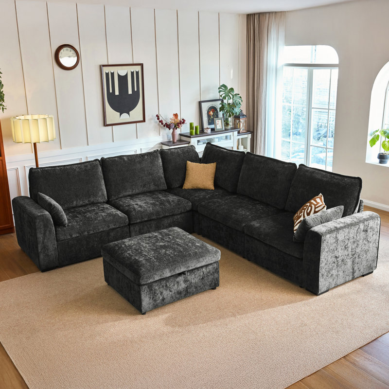 Canapé-lit modulaire surdimensionné à 6 places avec canapé-lit modulaire en chenille convertible profond, Chenille noir