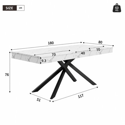 White Marble Effect Extendable Dining Table, 140-180cm Rectangular Kitchen Table with Metal Cross Legs (Seats 6-8)