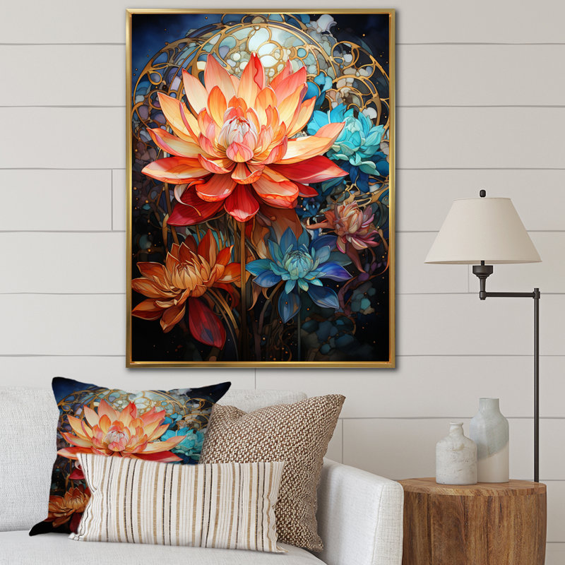 Art bouddhiste orange, turquoise, mandala de lotus - impressions sur toile bouddhisme, H 32 po x l 24 po x P 1 po