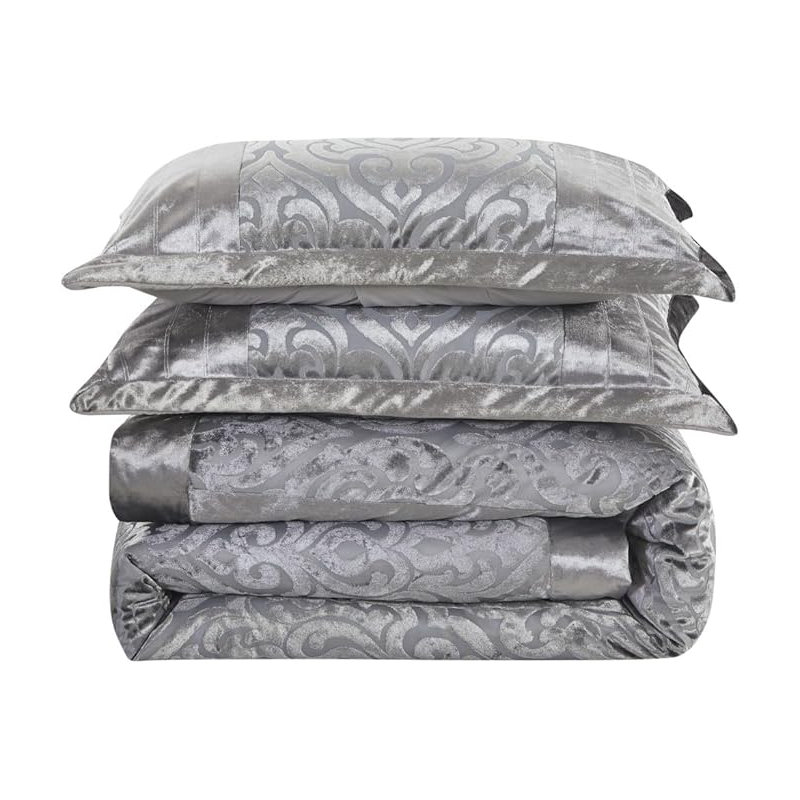Bollara Velvet Damask Bedspread with Pillow Shams, Silver, Double/King Bedspread  + 2 Pillow Sham