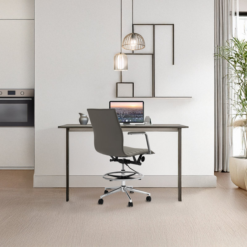 Modern Drafting Chair | Upholstered PU Leather Ribbed Mid Back with Tall Adjustable Base & Leg Rest | Tilt Lock, Swivel | Computer Armchair for Home, Executive, Conference, Meetings
