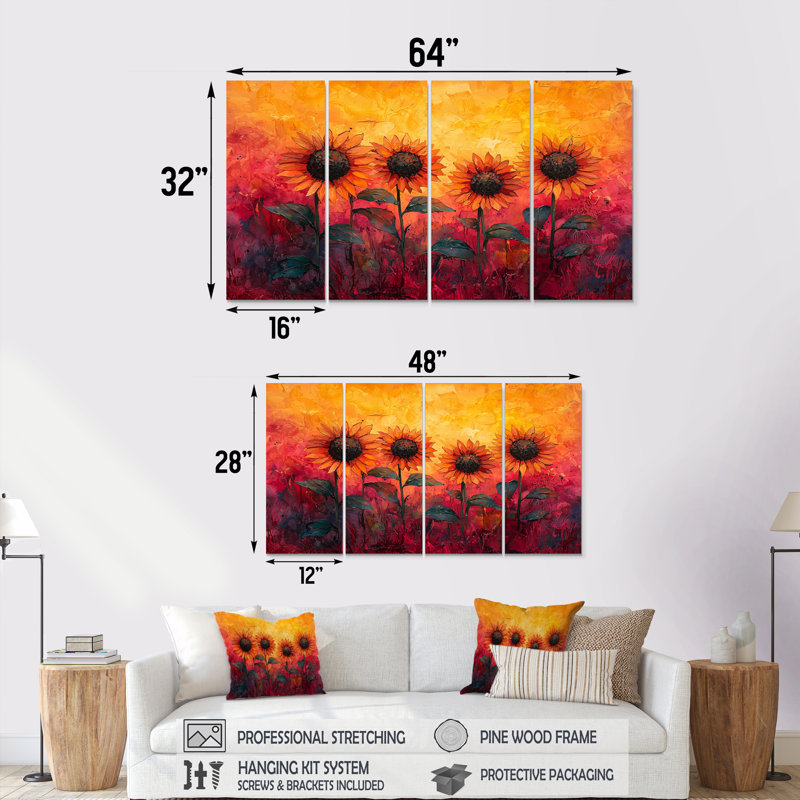 Dontea - Art mural de tournesols - Art mural traditionnel sur toile 4 pièces, H 28 po x l 48 po