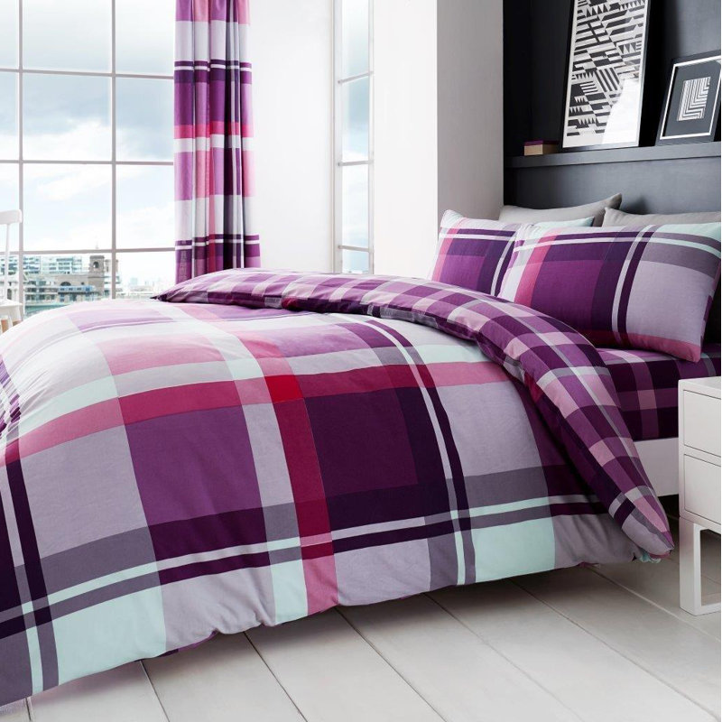 Check Pattern Polycotton Duvet Cover Set with Matching Pillowcases - Machine Washable Bedding Set, King, Purple