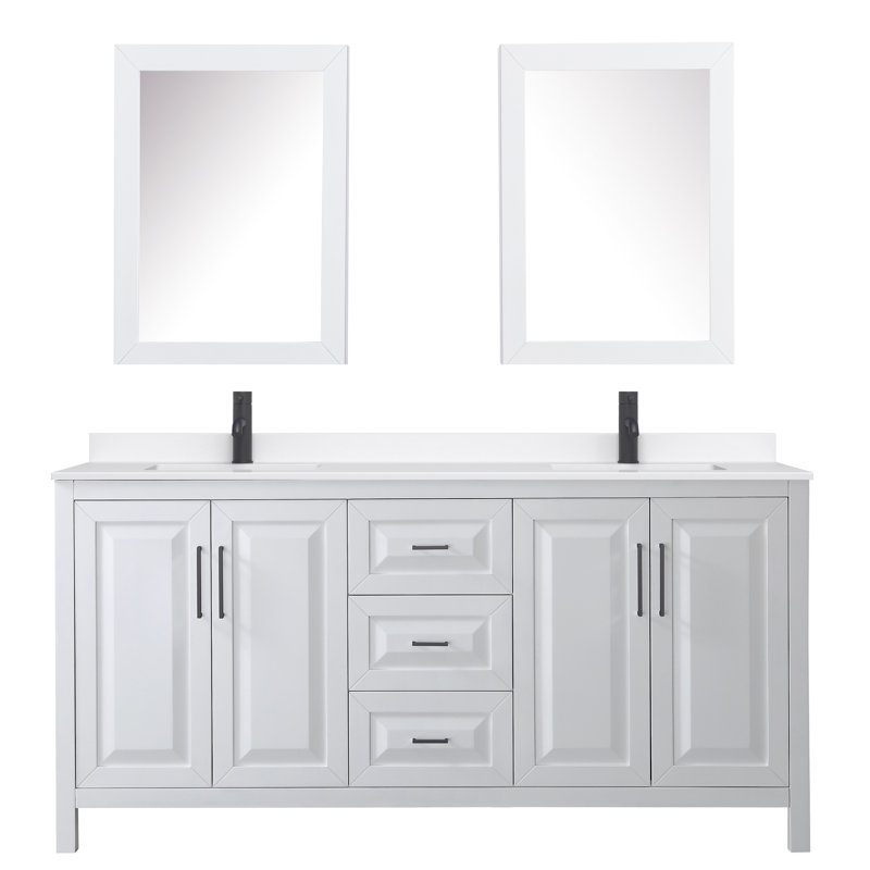 Meuble-lavabo double 72 po avec plateau en quartz et miroir Daria, Quartz Giotto, Blanc, Noir mat