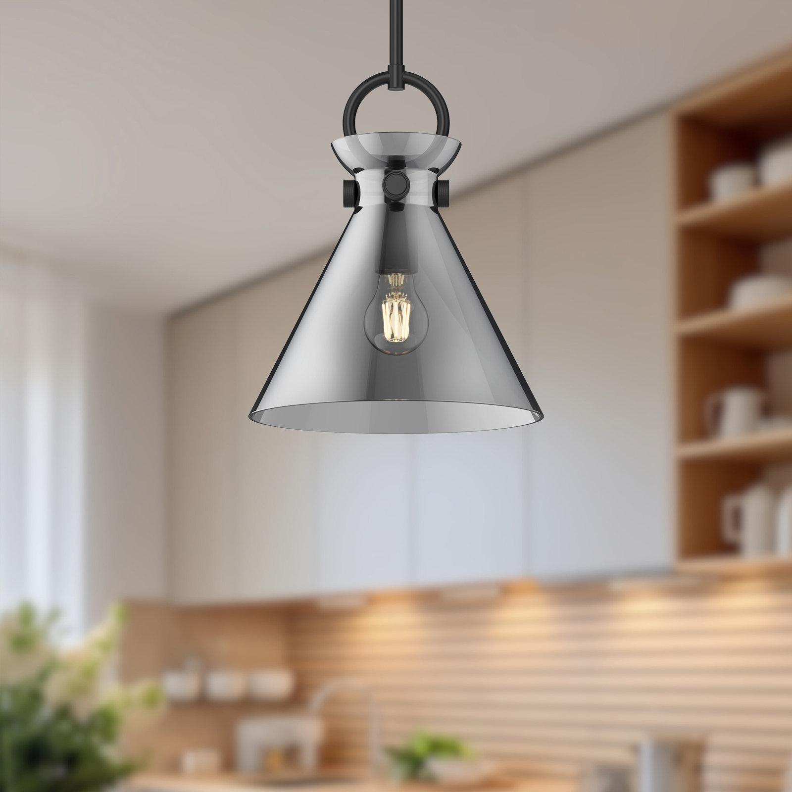 Tiney Single Light Glass Steel Pendant, 12.75" H x 10.5" W x 10.5" D, Matte Black/Smoked
