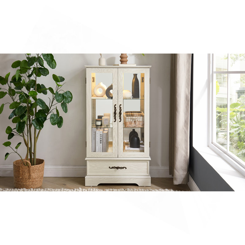 Vitrine lumineuse en verre avec tablettes réglables - Vitrine élégante à 2 portes et tiroir intégré, ampoule incluse - fini blanc