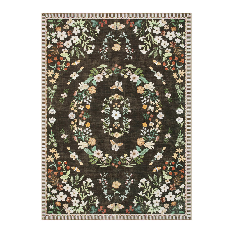 8x10 Large Vintage Garden Area Rug, Non-Slip Washable Low-Pile Floral Print Stain Resistant Foldable Carpet for Dining Room Playroom Office