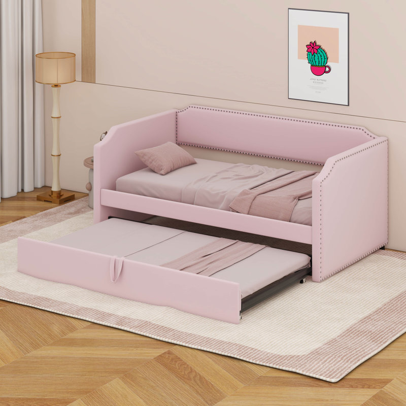 Twin Daybed With Pop Up Trundle,  Velvet Upholstered Extendable Day Bed Frame, Pink
