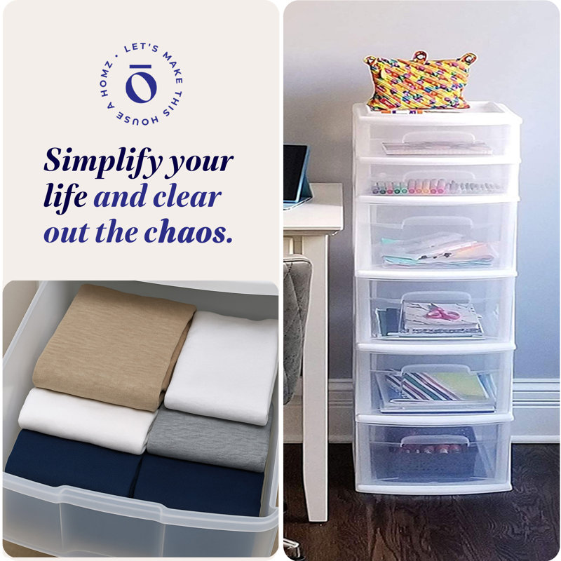 HOMZ 2-Pack Bin Organizer Tower, Clear Plastic Storage with Drawers, Medium Storage Containers for Dorm, Home, and Office, 5