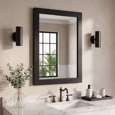 Solid Wood Frame Accent Mirror Bathroom Mirror, Wood Frame Wall Mounted Vanity Mirror, Farmhouse Industrial Rectangle Wall Mirror for Bathroom