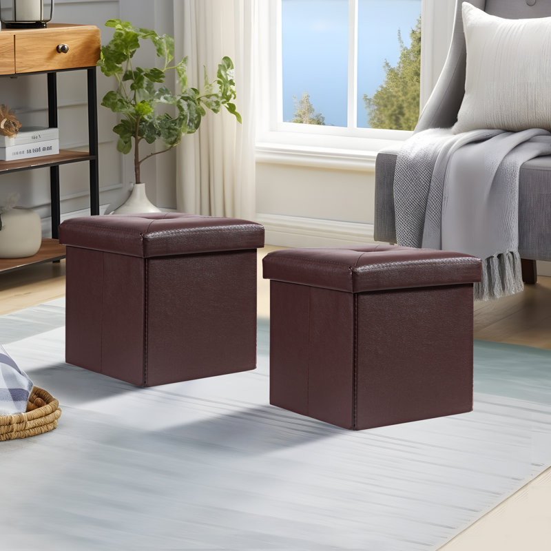 Repose-pieds de rangement carré en similicuir de 11,8 po Markeitha, Gris foncé