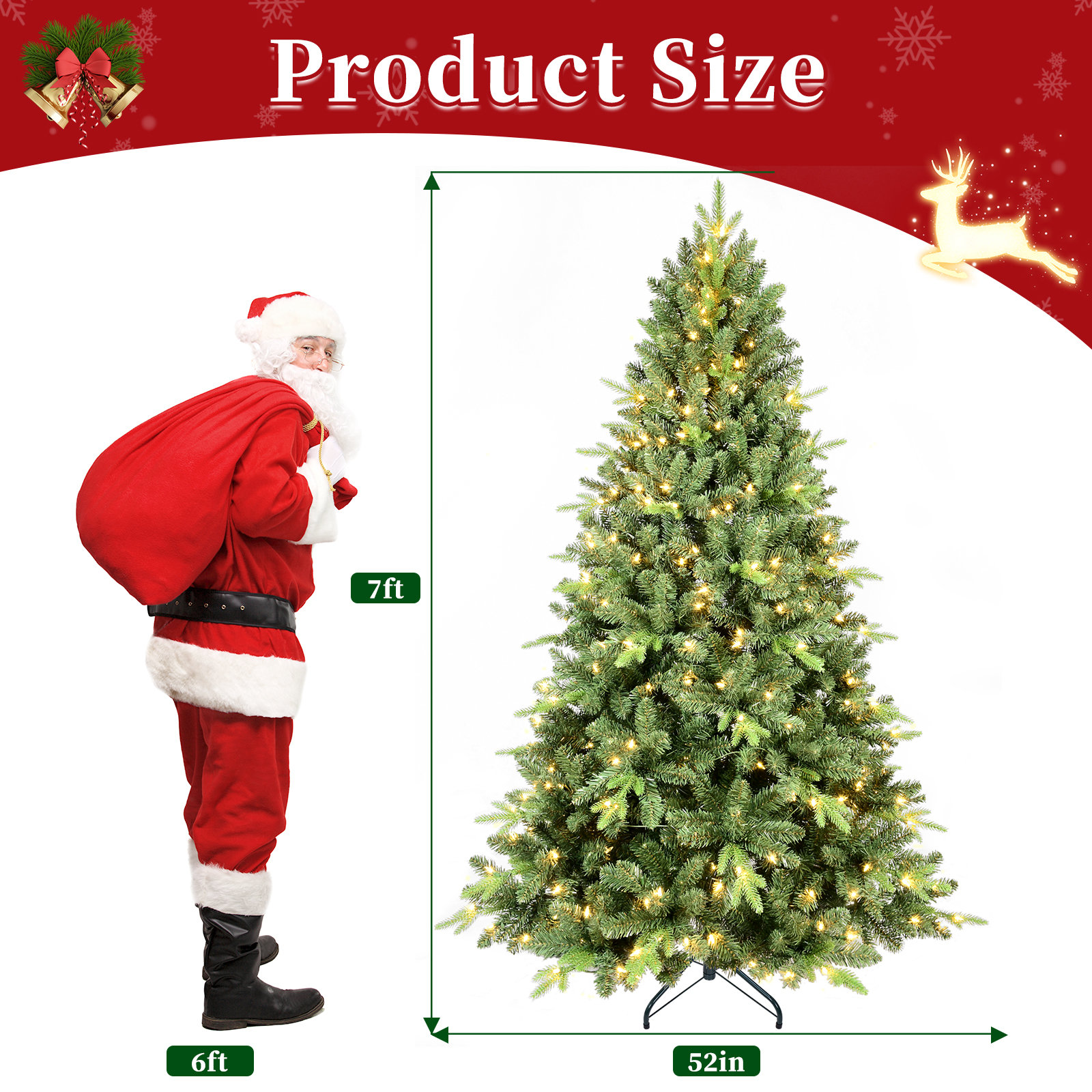 Pre-Lit PE/PVC Artificial Christmas Tree, Auto Open Branches & Metal Stand, 7ft H