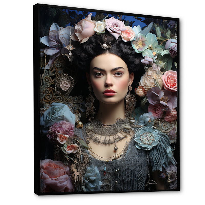 Floral, rose et bleu, Portrait mexicain I - femme mexicaine, art mural, Cadre flottant noir, H 20 po x l 12 po