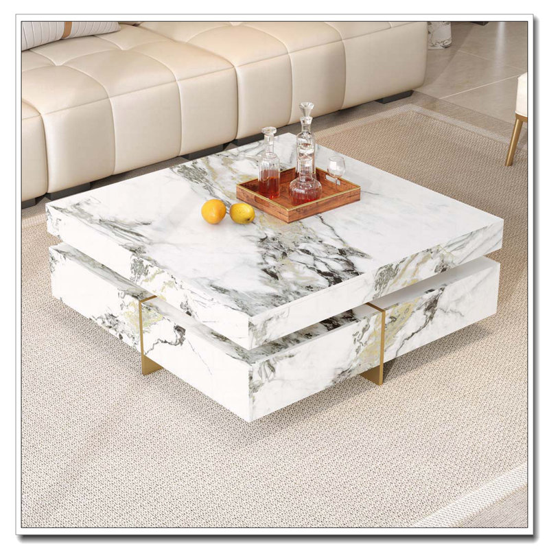 Table basse carrée avec rangement à 4 tiroirs, Marbre blanc, Imitation marbre