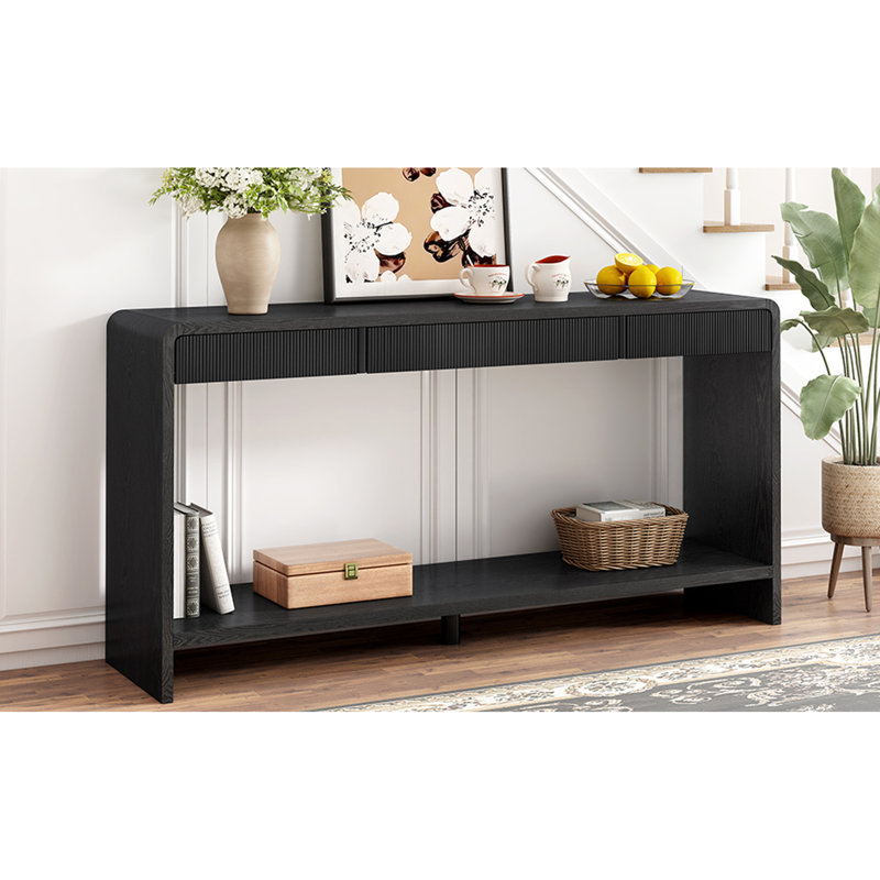 Console moderne à 3 tiroirs avec lattes verticales, conception à bords arrondis, pour le vestibule, le couloir ou derrière le canapé