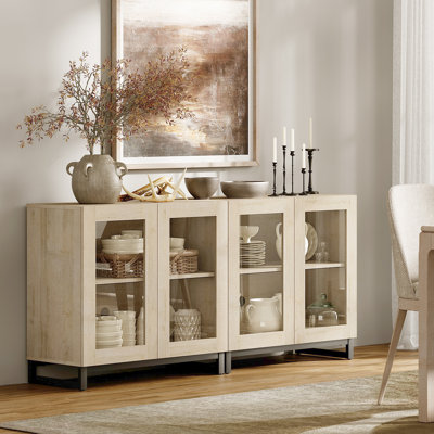 Buffet 2 en 1 multifonctionnel avec 4 portes en verre, crédence moderne avec tablette réglable et base en métal, armoire de rangement pour bar et salon, cuisine