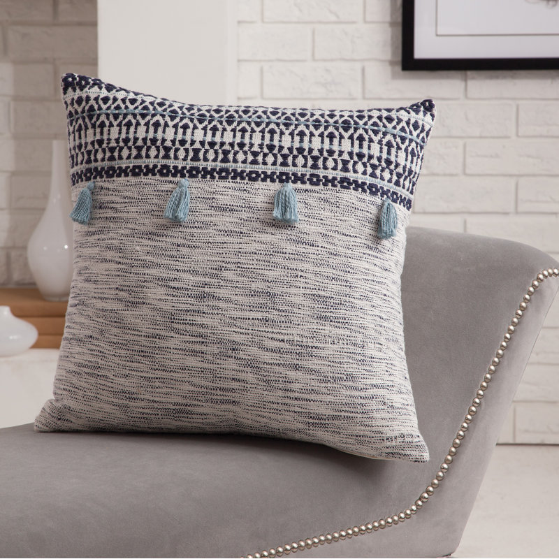 Blake Orion Navy and White Cotton Throw Pillow with Tassels