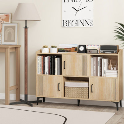 Sideboard Storage Cabinet Bookcase with 3 Doors and Open Compartments