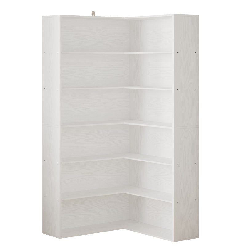 Corner Bookshelf With Baffles, 6 Tier Large Corner Shelf Storage Display Rack For Living Room Home Office, White