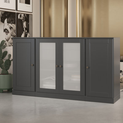 Buffet 100% bois massif 65 po avec portes en verre massif givré, 2 tiroirs et tablettes réglables