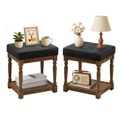 Farmhouse 15.7"W Tufted Faux Leather Solid Wood Square Cocktail Ottoman (Set of 2)
