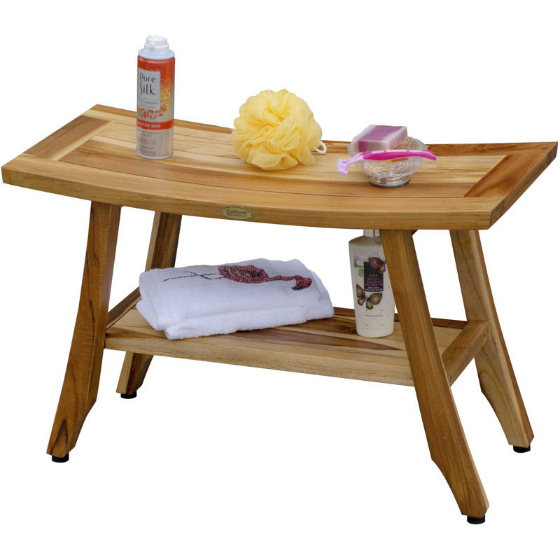 Banc de douche contemporain en teck avec tablette Ripley, H 18 po x l 28 po x P 12 po, Naturel