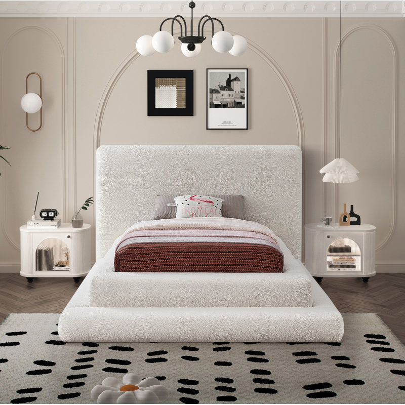 Hoffarth Upholstered Platform Bed, Twin, Cream Faux Shearling Teddy Fabric