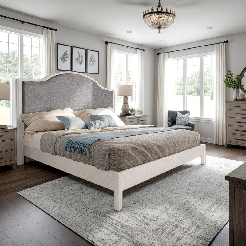 Solid Wood Bed Frame with Upholstered Headboard, Modern Design, No Box Spring Needed, White, King