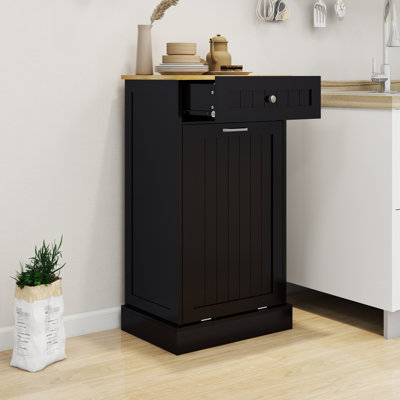 Armoire à ordures inclinable noire E1, peinte, peut contenir des fournitures pour animaux, manuel d'assemblage fourni avec un tiroir et une cuisine intégrés avec îlot, pré-percé pour