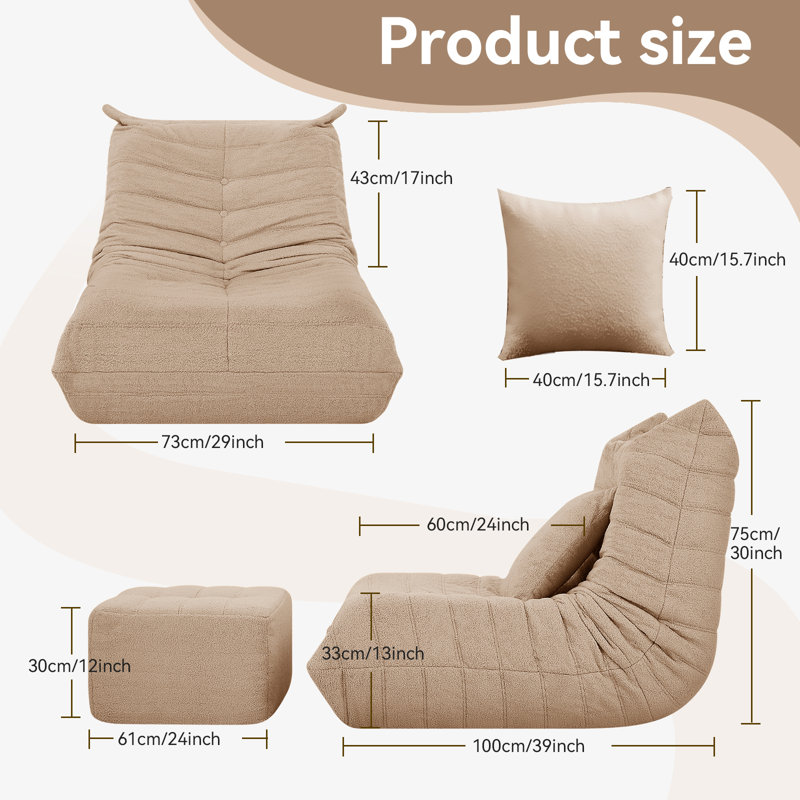 Bean Bag Chair With Ottoman and Pillow, Sofa Big Beanbag Chair For Adults Fireside Bean Bag Lounger Memory Foam Chair For Home, Apartment Or Gaming Venue, Lambswool
