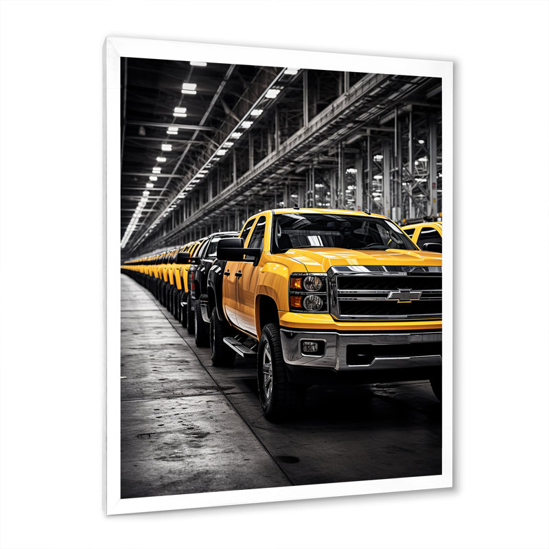 Dazelle, camionnette jaune, icônes industrielles - impression, H 44 po x l 34 po x P 1,5 po, Cadre photo blanc