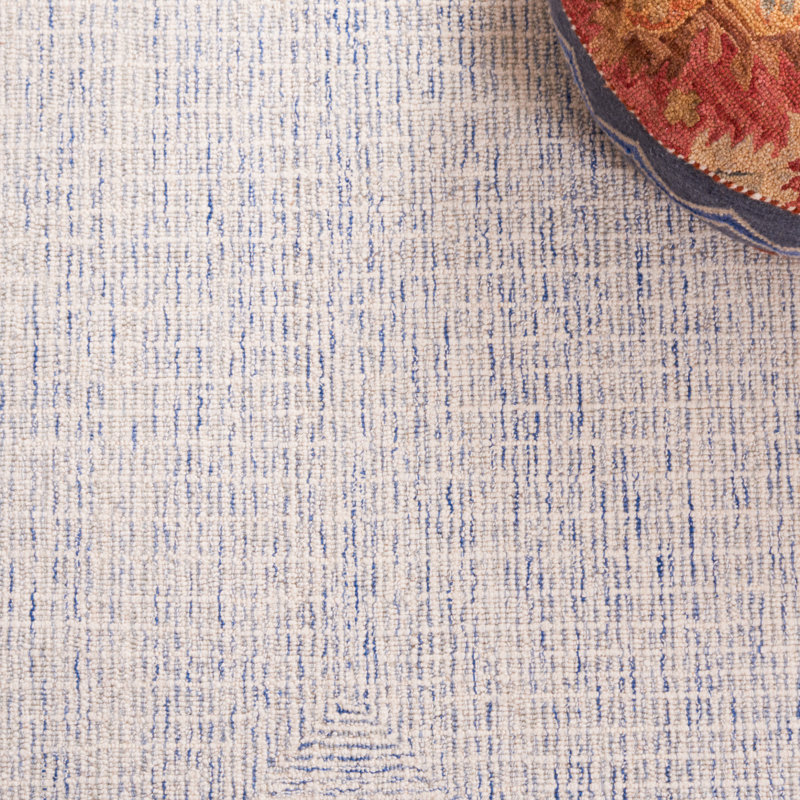 Tapis bleu / ivoire en laine et coton touffeté à la main Abstract, Tapis de couloir 2 pi 3 po x 8 pi