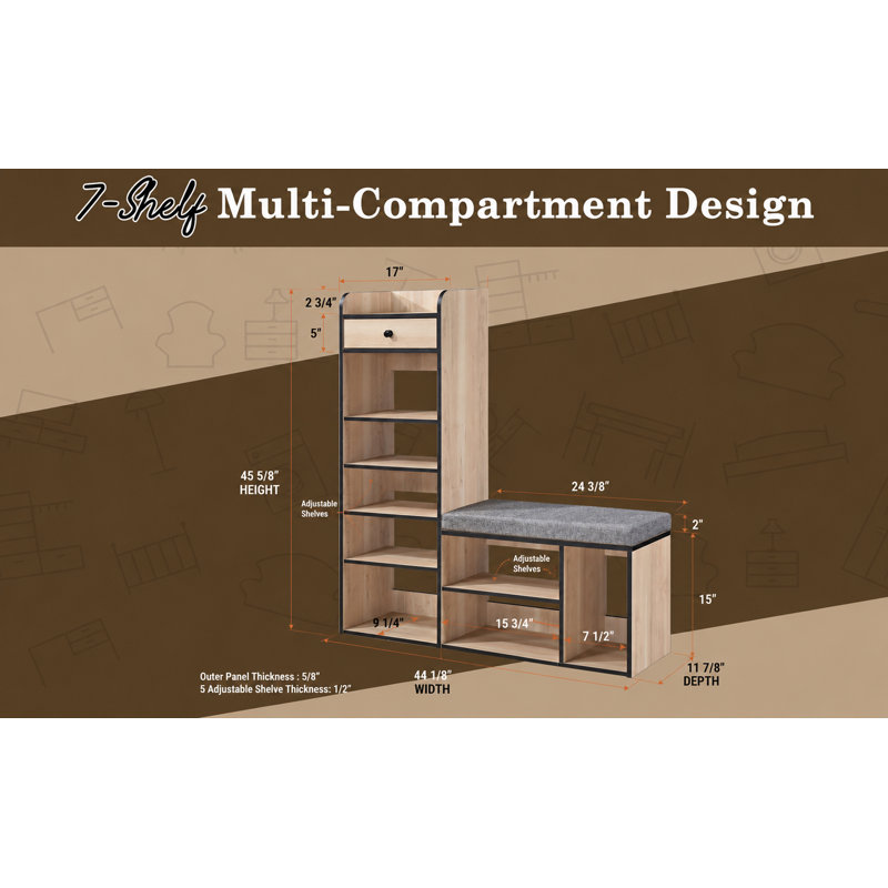 Banc de rangement pour chaussures d'entrée avec coussin, étagère ouverte et organisateur de tiroir, étagère à chaussures peu encombrante pour couloir, maison ou appartement
