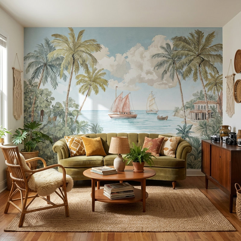 Papier peint tropical rétro avec palmiers, 160"x108", Peler et coller