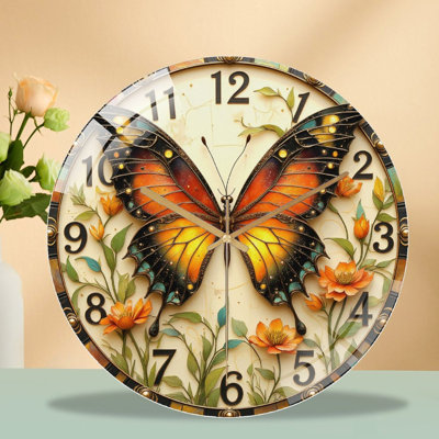 Butterfly Wall Clock with Floral Design And Artistic Colors Art - 12'' Modern Glass Wall Clock