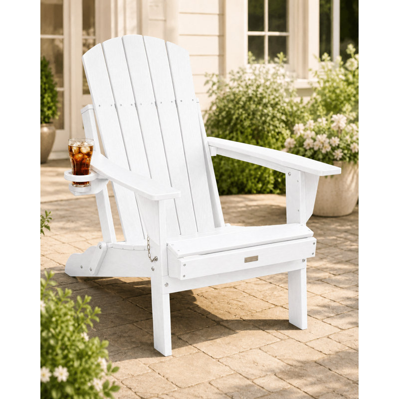 Chaise Adirondack pliable avec porte-gobelet, chaise longue d'extérieur résistante aux intempéries pour patio, porche, terrasse et pelouse, résistante aux intempéries, blanc