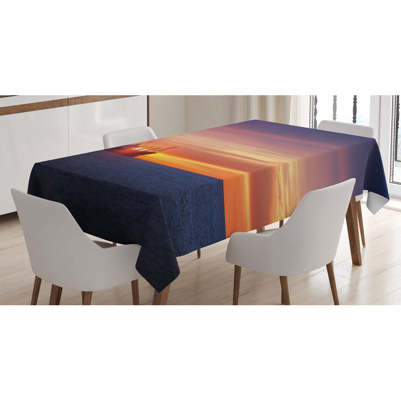 Ambesonne Nautical Tablecloth, Sunrise Horizon On The Sea With Sailing Logistic Cargo Ship Nautical Destination, Rectangular Table Cover For Dining Room Kitchen Decor, 60" X 84", Blue Orange