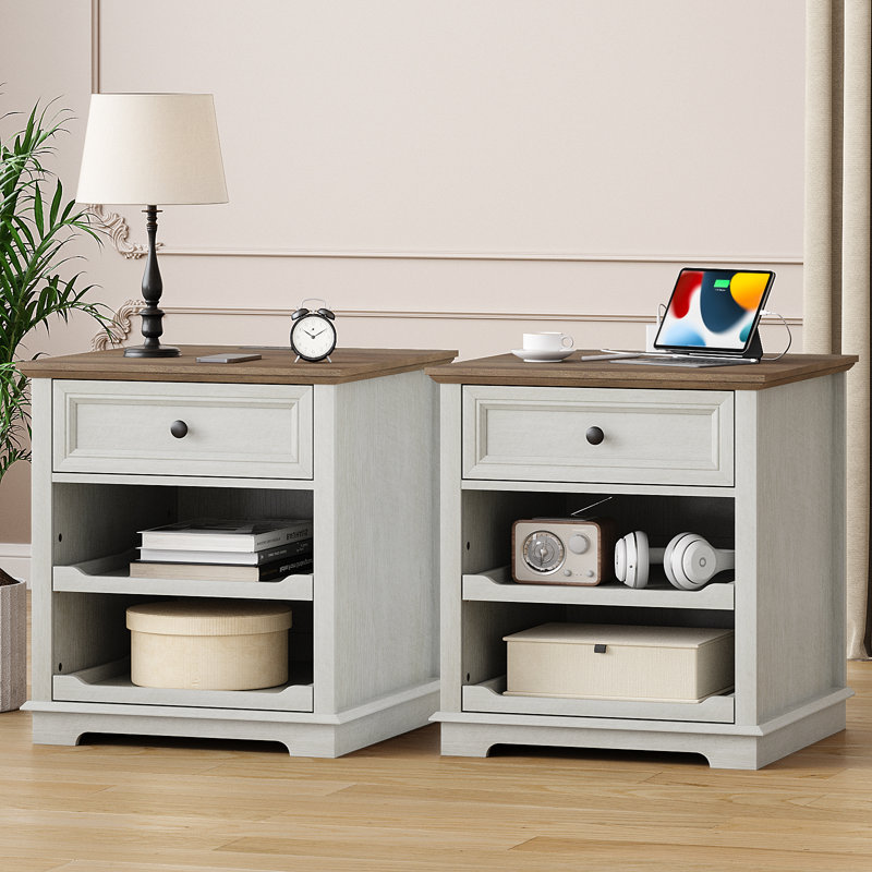 1 Drawer Sets Nightstands with Storage Tray and Built-in Charging Station, White/Brown
