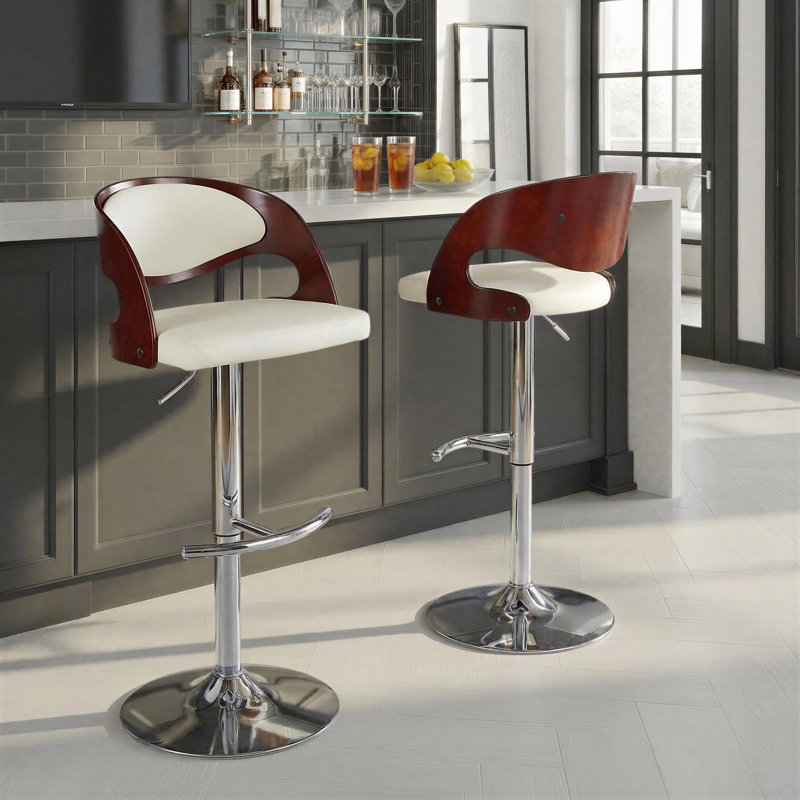 Tabouret pivotant à hauteur réglable Lakyia, Blanc, Chrome / acajou