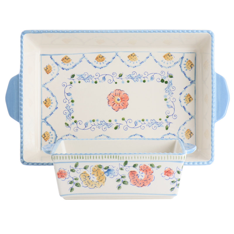 Gibson Elite Anaya 2 Piece Rectangle Stoneware Bakeware Set With Hand Painted Designs