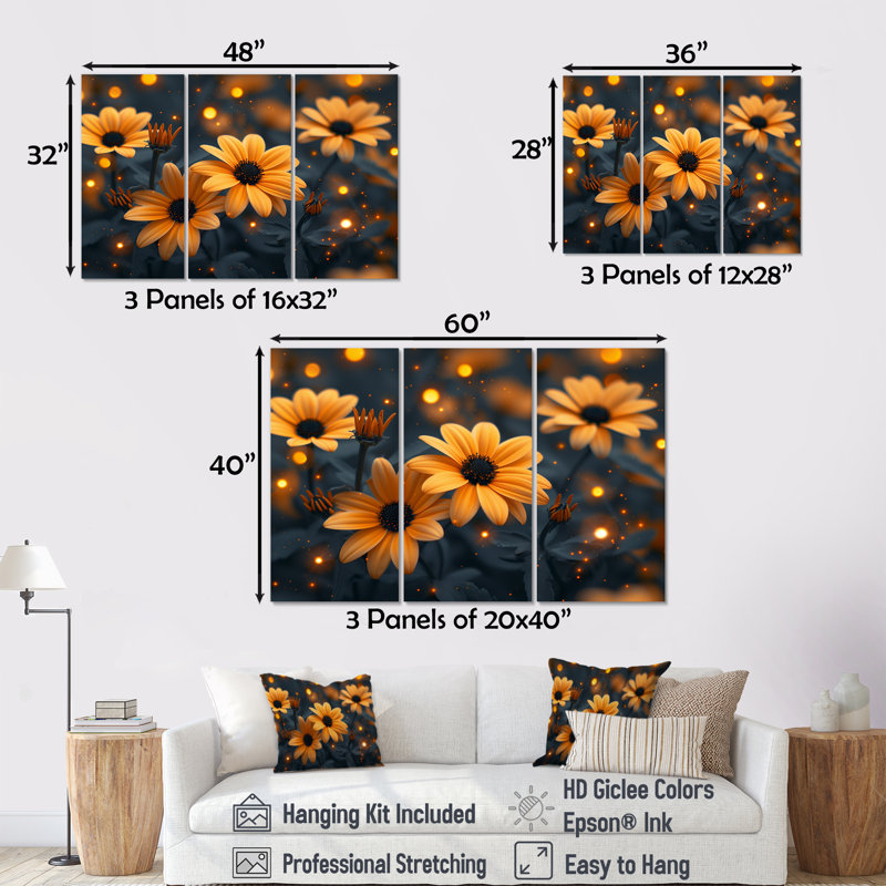Fleurs jaunes monochromes dans un champ brumeux II - marguerites, ensemble d'art mural, Toile tendue