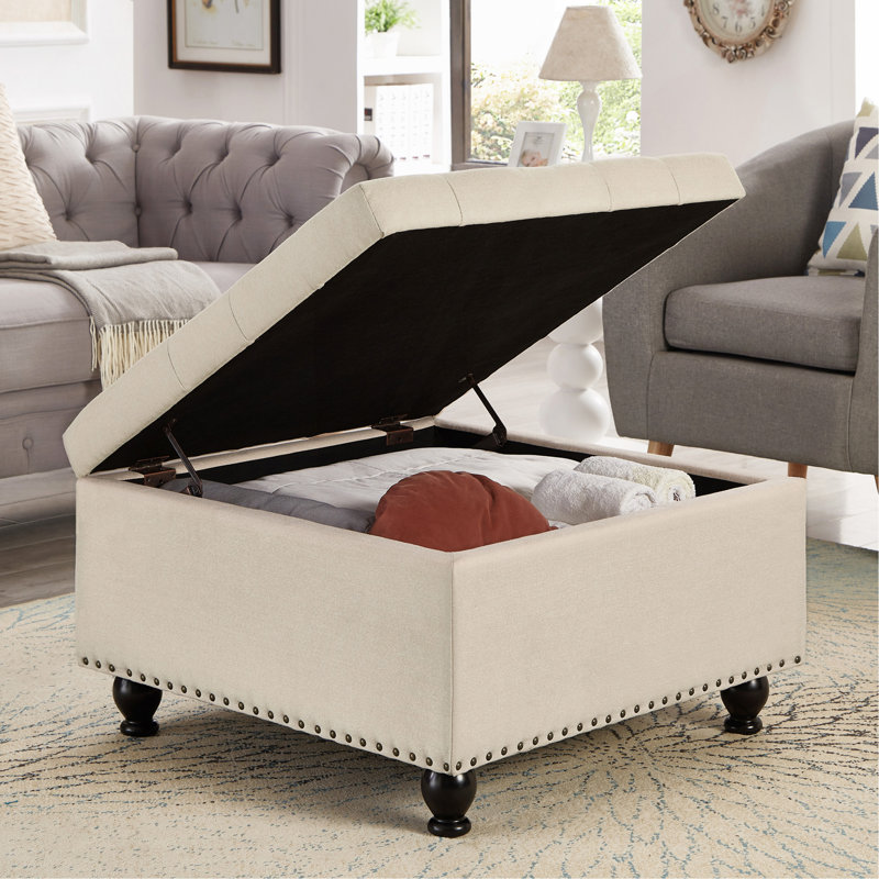 Grand repose-pieds carré avec rangement en bois, Beige