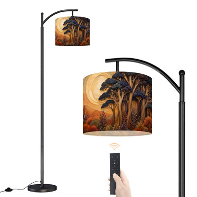  Lampe sur pied à arc en forme de papier découpé en forme de paysage de forêt avec arbres stylisés Golden Sunset Sun