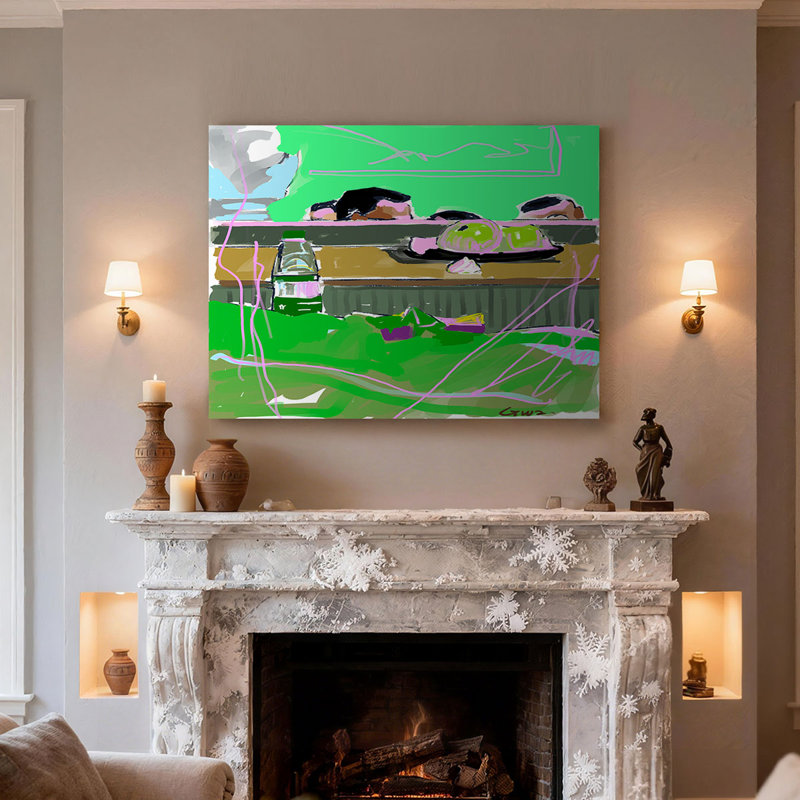 «Abstract Green Scene with Bottle», impression sur toile paysage surréel avec cadre en pin, 16" H x 24" W