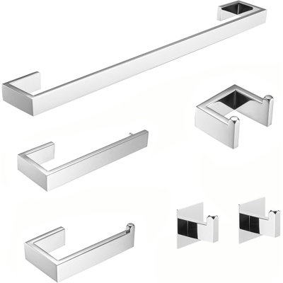 6-Piece Bathroom Hardware Set - Stainless Steel Wall Mounted Towel Bar, Towel Ring, Toilet Paper Holder, And Robe Hooks With Concealed Screw Design