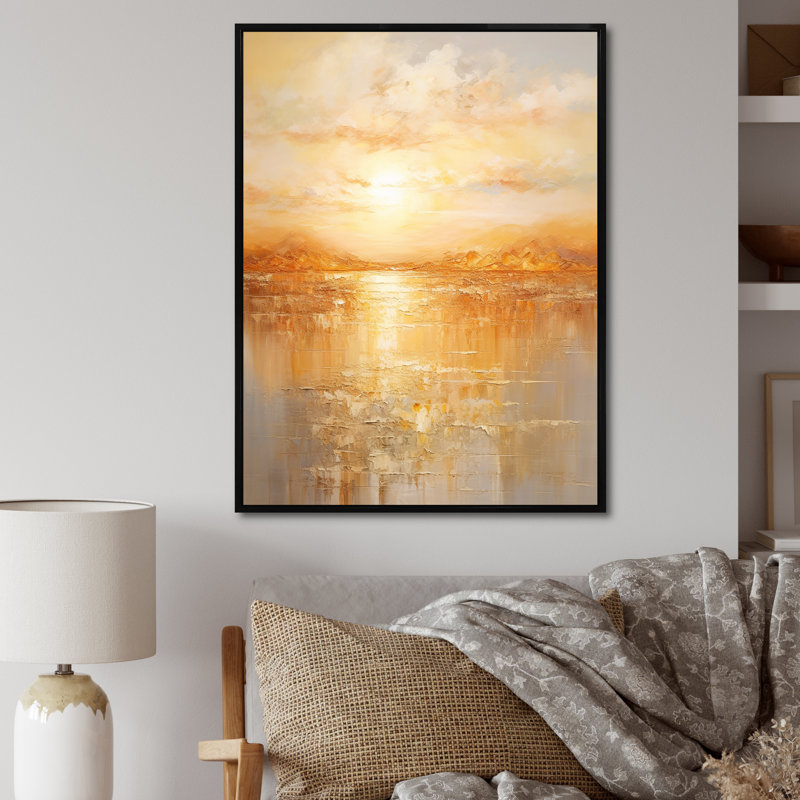 «Jacobien Bold Sunset Golden Collage II - Sunset», reproduction sur toile, H 44 po x l 34 po, Cadre flottant noir