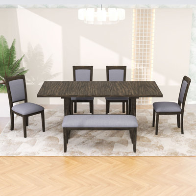 6-Piece Dining Table Set with Removable Leaf, Upholstered Chairs and Bench
